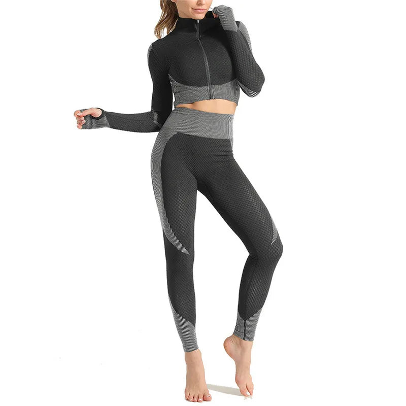 Ensemble de Yoga Sans Couture 2/3Pcs pour Femmes Vêtements de Gym Fitness Sportswear Leggings de Sport Tenue d'Entraînement