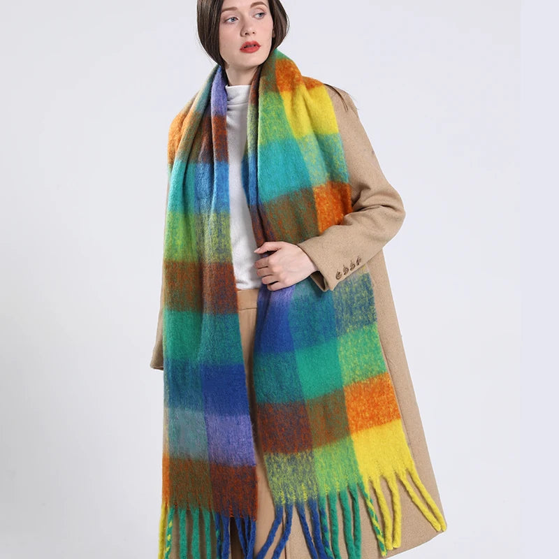 2025 Winter Thick Warm Scarf Women Cashmere Shawl and Wraps Pashmina Neckerchief Bufanda Female Rainbow Hairy Tessel Echarpe New