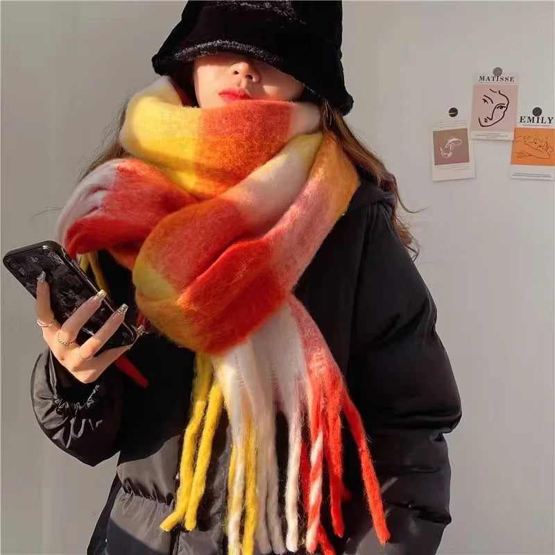 2025 Winter Thick Warm Scarf Women Cashmere Shawl and Wraps Pashmina Neckerchief Bufanda Female Rainbow Hairy Tessel Echarpe New