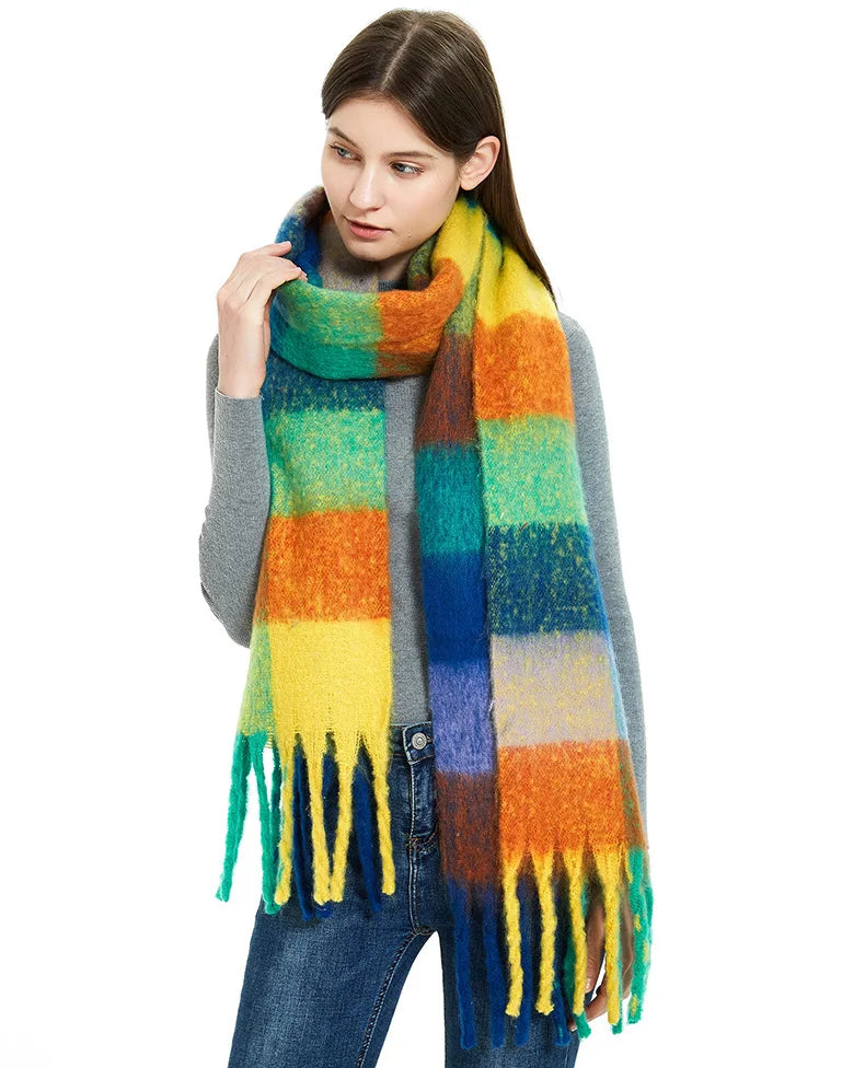 2025 Winter Thick Warm Scarf Women Cashmere Shawl and Wraps Pashmina Neckerchief Bufanda Female Rainbow Hairy Tessel Echarpe New