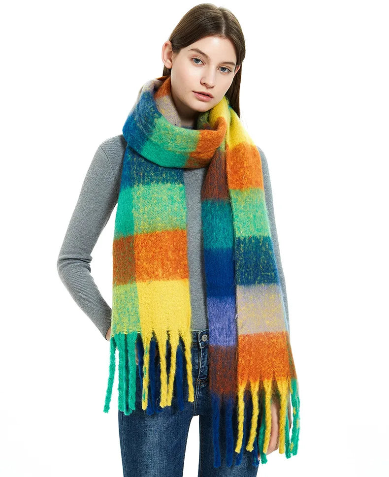 2025 Winter Thick Warm Scarf Women Cashmere Shawl and Wraps Pashmina Neckerchief Bufanda Female Rainbow Hairy Tessel Echarpe New