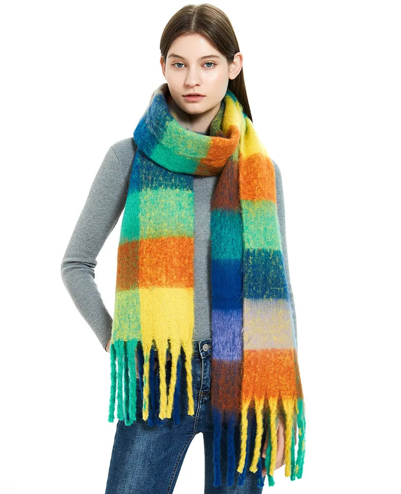 2025 Winter Thick Warm Scarf Women Cashmere Shawl and Wraps Pashmina Neckerchief Bufanda Female Rainbow Hairy Tessel Echarpe New