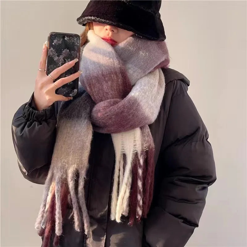 2025 Winter Thick Warm Scarf Women Cashmere Shawl and Wraps Pashmina Neckerchief Bufanda Female Rainbow Hairy Tessel Echarpe New