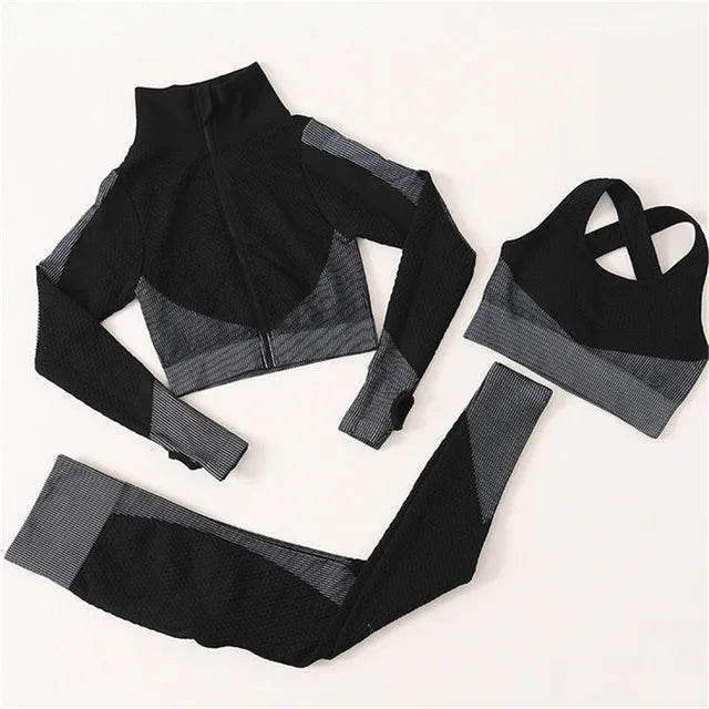 Ensemble de Yoga Sans Couture 2/3Pcs pour Femmes Vêtements de Gym Fitness Sportswear Leggings de Sport Tenue d'Entraînement