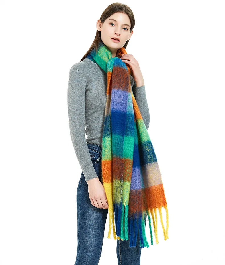 2025 Winter Thick Warm Scarf Women Cashmere Shawl and Wraps Pashmina Neckerchief Bufanda Female Rainbow Hairy Tessel Echarpe New