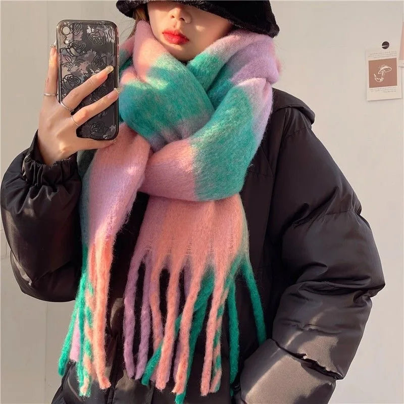 2025 Winter Thick Warm Scarf Women Cashmere Shawl and Wraps Pashmina Neckerchief Bufanda Female Rainbow Hairy Tessel Echarpe New